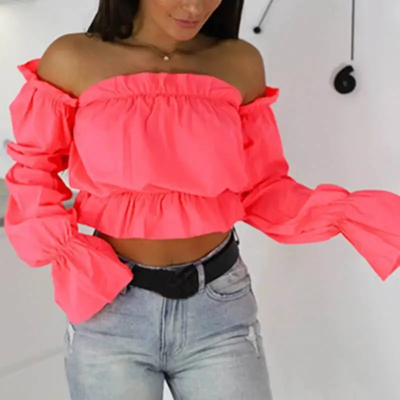 Candy Color Off Shoulder Crop Tops Women Summer Dot Print Lantern Sleeve Shirts Lady Sexy Slash Neck Beach Blouse