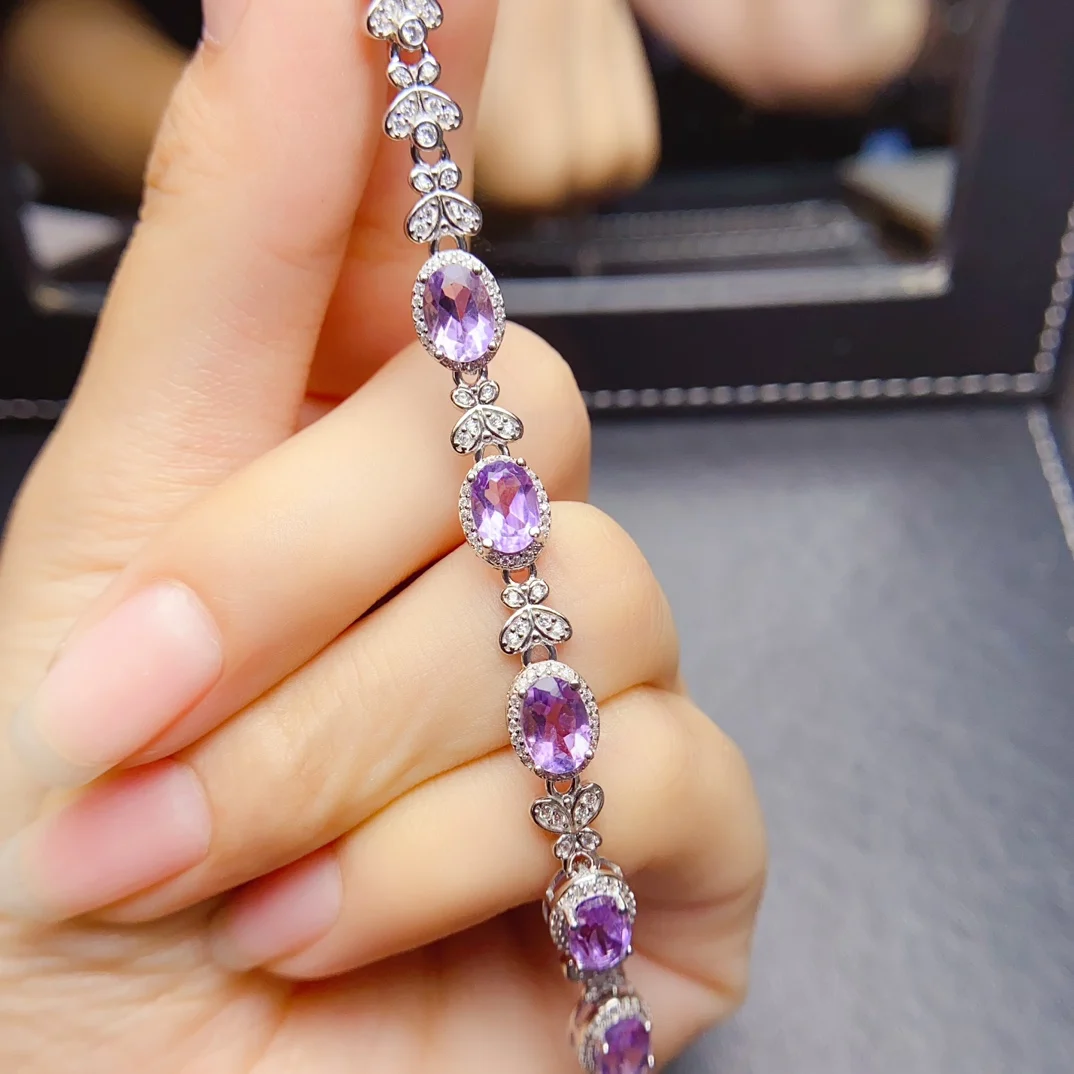 

FS S925 Sterling Silver Inlay 5*7mm Natural Amethyst Bracelet With Certificate Fine Fashion Charm Weddings Jewelry for Women