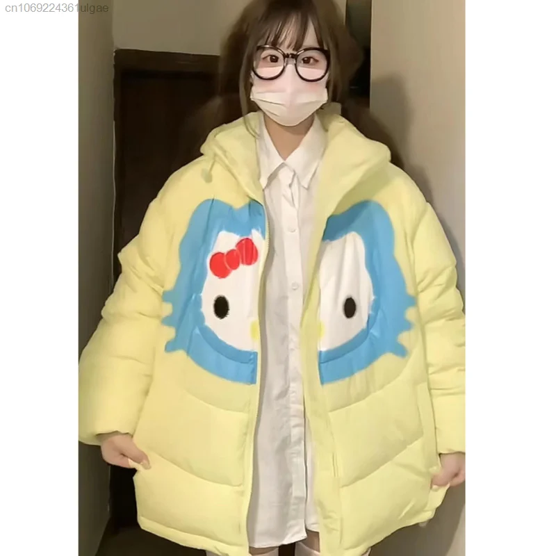 Sanurgente Hello Kitty-Veste rembourrée à capuche pour femme, vêtements de dessin animé, manteau chaud, haut Y2K, style japonais, mignon, mode Harajuku, hiver, nouveau