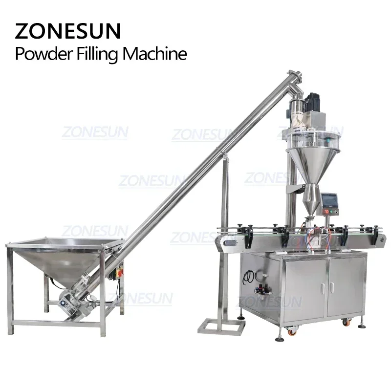ZONESUN ZS-FM2A Riempitrice per polvere secca con coclea con sistema di alimentazione del materiale per il riempimento di barattoli di polvere di peperoncino e spezie