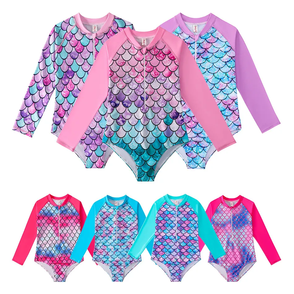 

Children's Fish Scale Round Neck Long Sleeved Zippered Swimsuit Girl's High Elastic and Comfortable Swimsuit Baby Clothing New