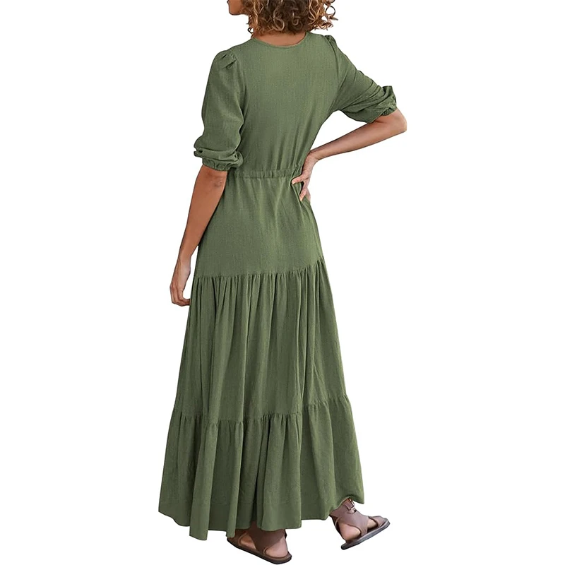 Elegant Solid Color Women's Summer Long Dress Sexy V-Neck Ruffles Half Sleeves Holiday Beach Sundress Casual Loose Maxi Dresses