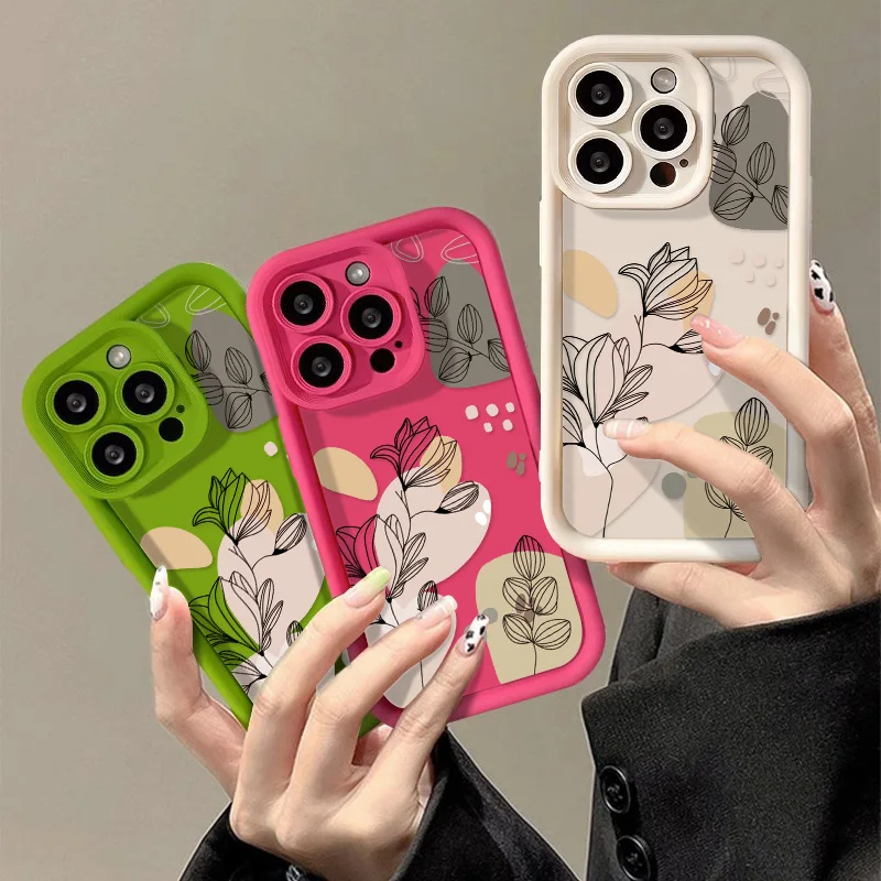 Funda de teléfono de plantas abstractas para iPhone 15 Pro Max, funda de silicona líquida Candy, 13, 16, 14, 12, 11 Pro Max, X, XR, XS, 7, 8, SE