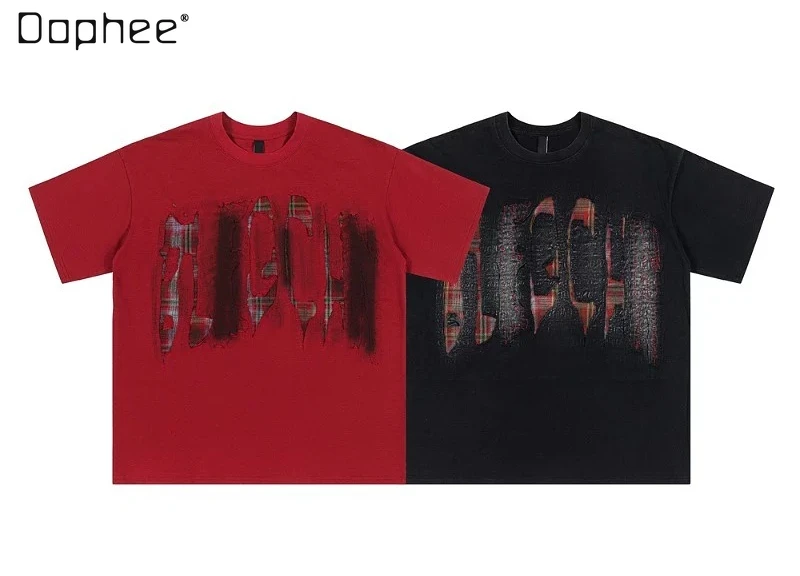 Summer New American Street Style Men’ s Black Red Plaid Print Loose Casual Versatile Round Neck Short Sleeve T-shirt
