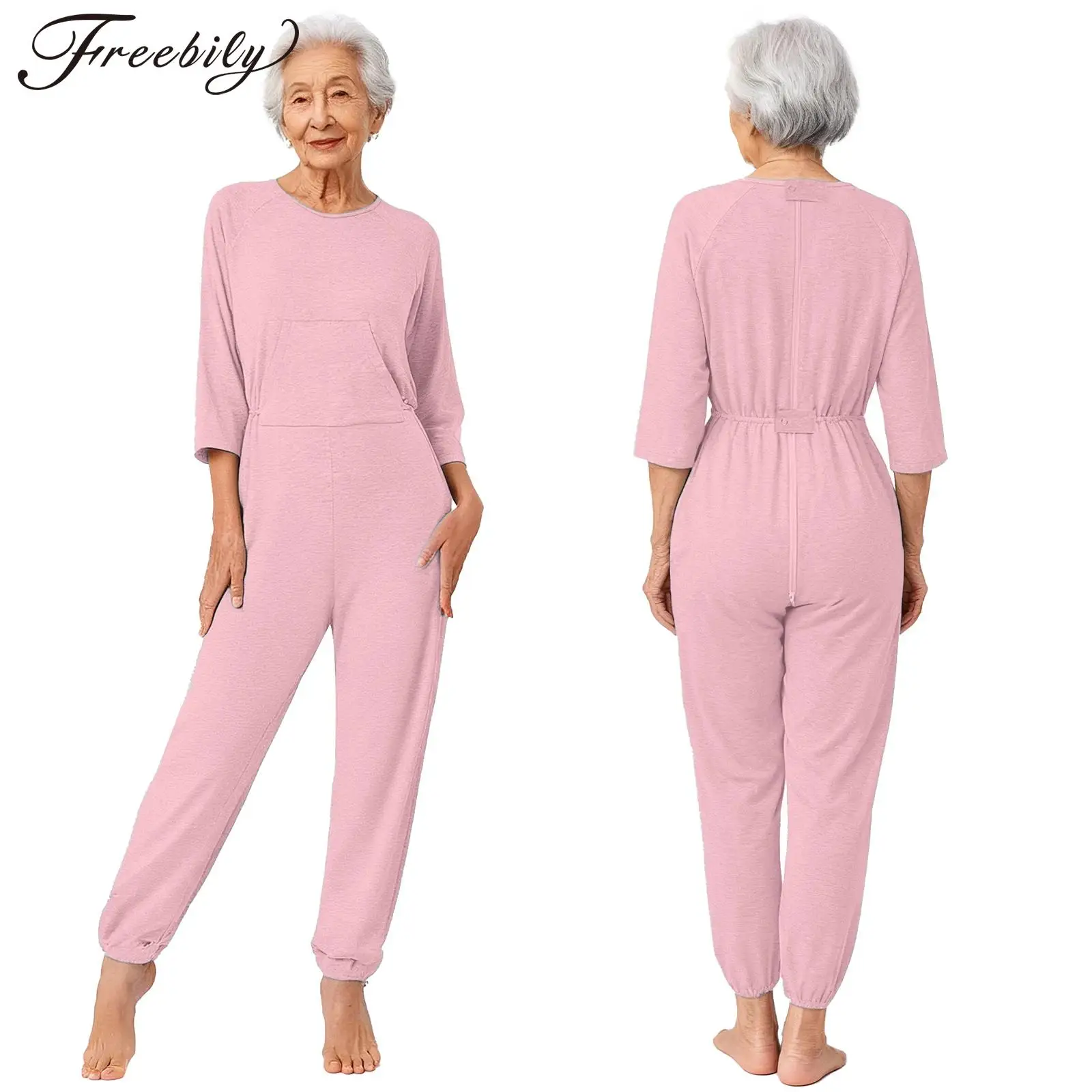 Women Elderly Adaptive  Anti-Strip Jumpsuit Back And Legs Zippers Rompers for Alzheimer Dementia Special Needs Disabilities