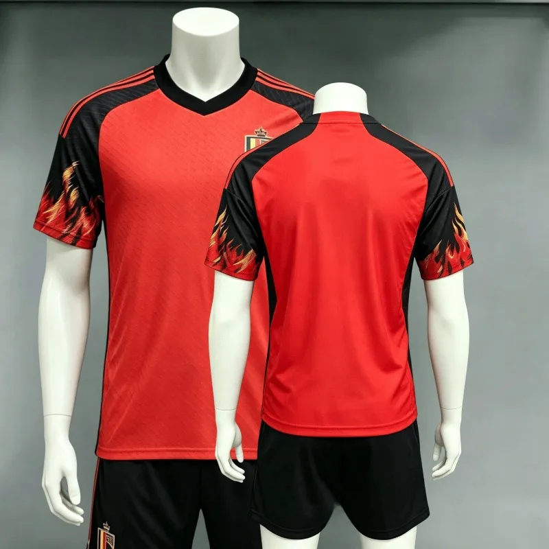Belgium Football Jersey Pack of 2 Wearing Shorts Bright Red Men Casual Short Sleeve Soccer Sets TrainingShirt Sports Uniform