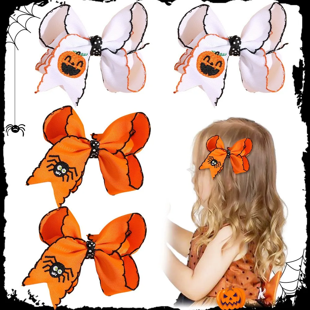 30pcs Halloween Hair Accessories for Kids Spider Pumpkin Embroidery Ribbon Hair Bows Baby Hair Clips Girls Hairpin Barrette Bulk