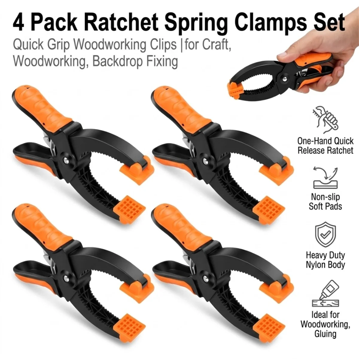 4Pcs 6 Inch Ratchet Clamp 0-55mm Adjustable Woodworking Nylon Quick Release DIY Hand Tools Orange PE Pads For Gluing Carpentry