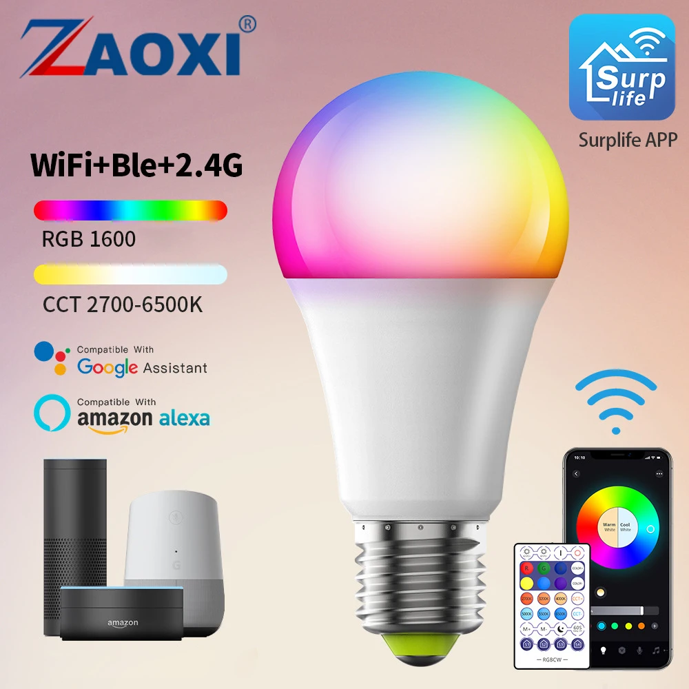 

ZAOXI 10W Smart WiFi Bluetooth Remote Control RGB Light Bulbs Google Assistant Amazon Alexa Home Dimmable 2700K~6500K LED Bulb