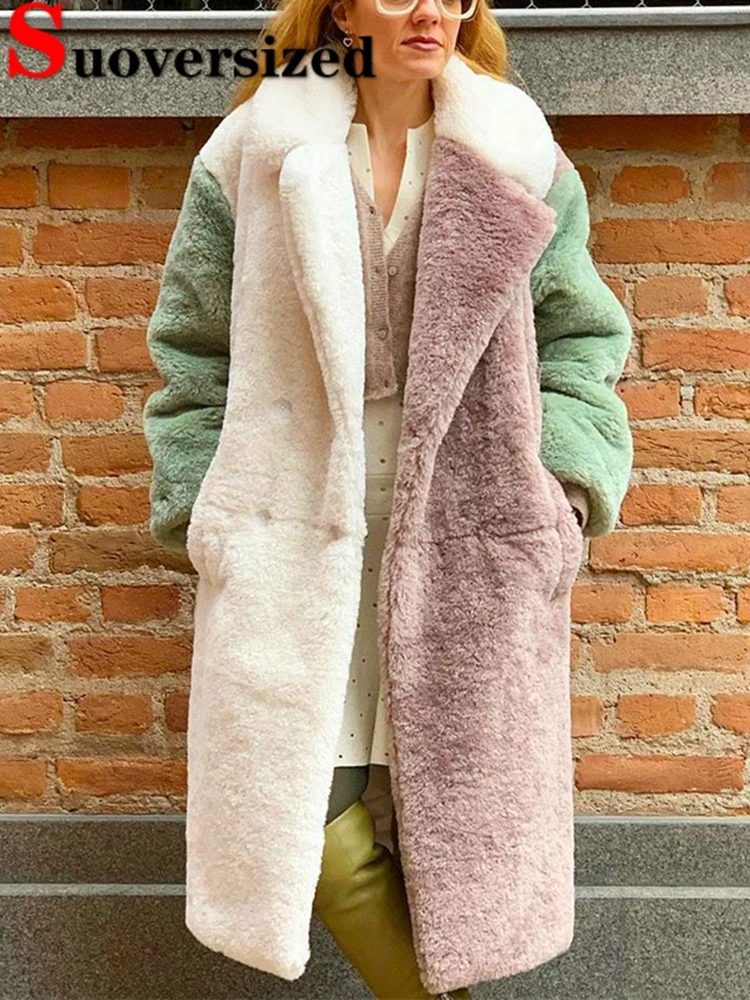 Thicken Patchwork Faux Fur Overcoat Warm Rex Rabbit Furs Mid-length Coats Luxury Plus Size Jacket Winter Women Fashion Chaquetas