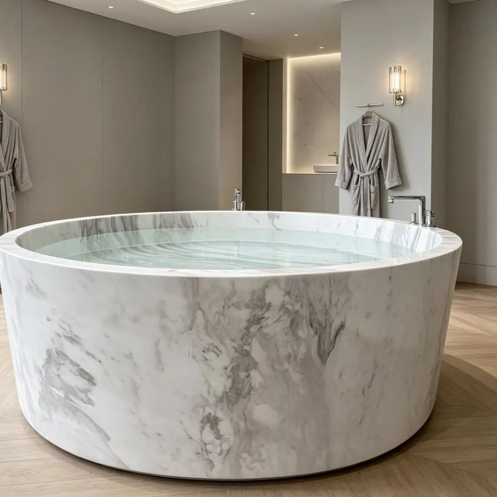#￥Modern Round Freestanding White Marble Bathtub with Grey Veins Natural Stone Soaking Tub for Indoor Luxury BathroomHotel Villa