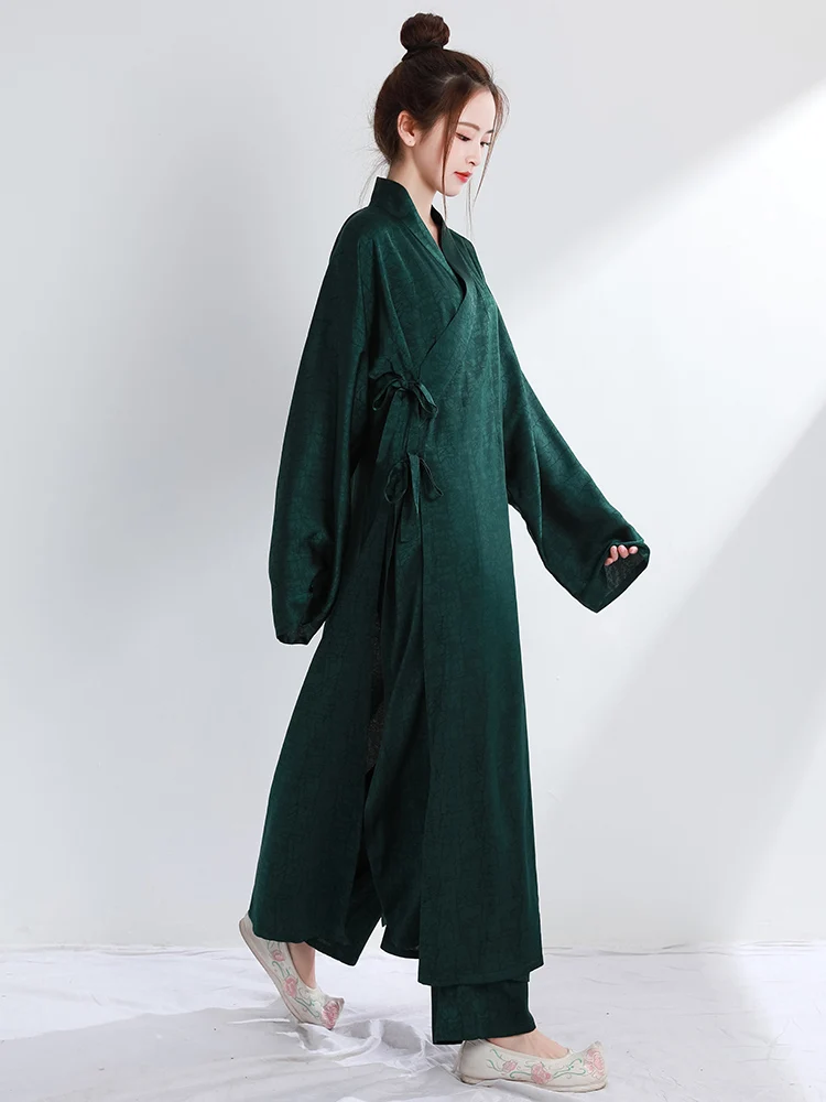 Jacquard Satin Tight Sleeves Lining Robe Hanfu Inner Cross Collar Long Shirt Robe Elastic Middle Pants