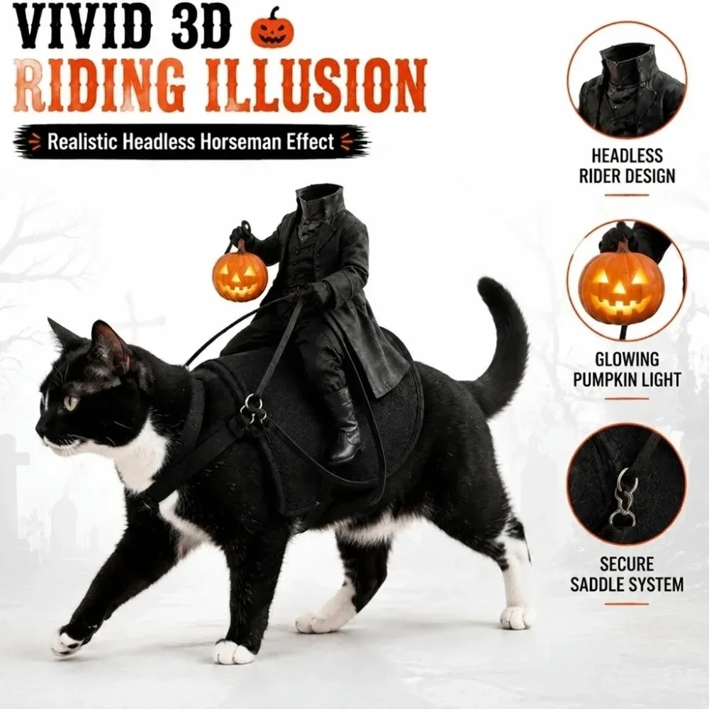 Headless Horseman Cat Halloween Costume, Lightweight Black Pet Knight Outfit with Pumpkin Lantern Funny Kitten Cosplay Clothes