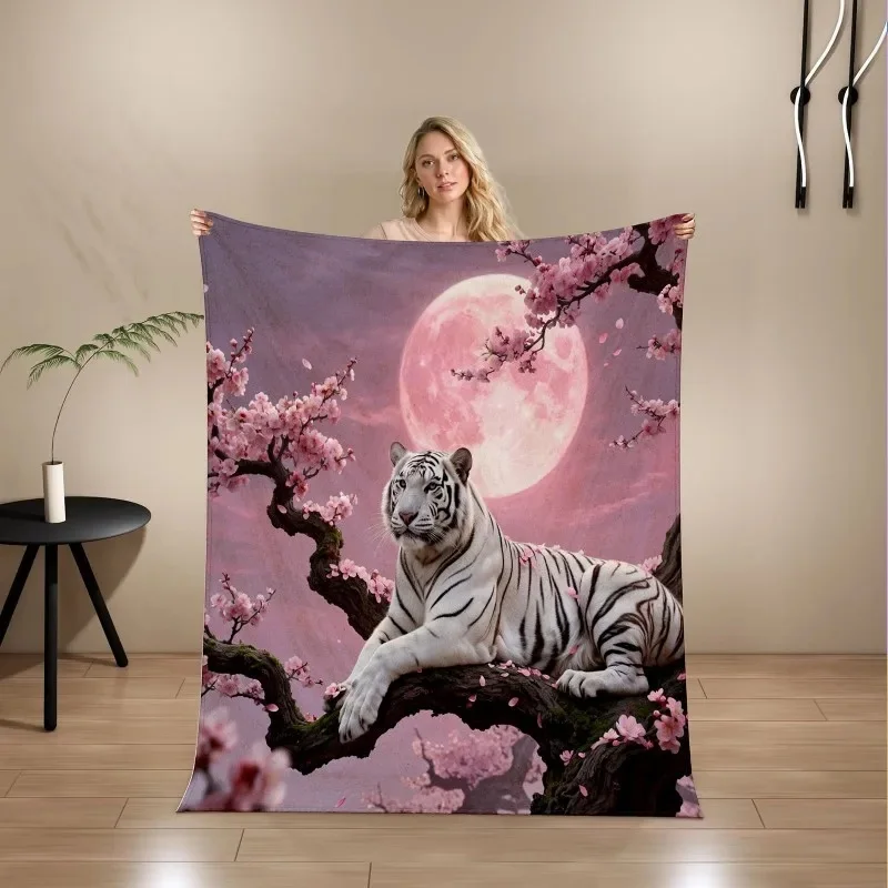 Cozy Fleece Flannel Throw Blanket with White Tiger & Cherry Blossom, Warm All Season Cover for Sofa, Bed & Office Rest