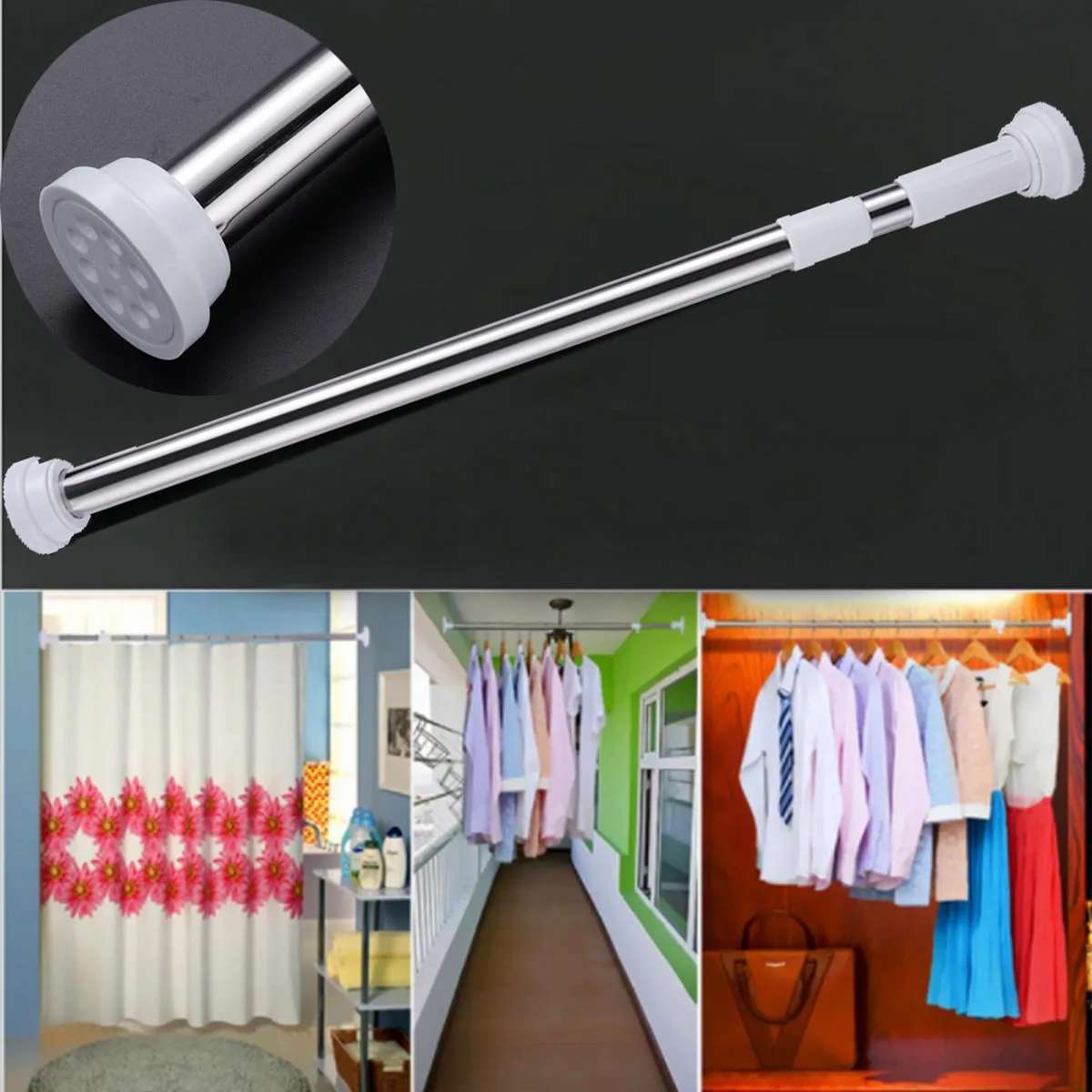 

2pcs Stainless Steel Retractable Curtain Rod Adjustable Clothesline Hanger Pole Windproof Multi-Function For Home Office