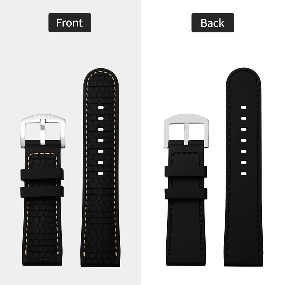 BERNY 22mm-24mm Watch Bands Soft Waterproof Replacement Stainless Steel Buckle Rubber Silicon Straps Watch for Men Accessories