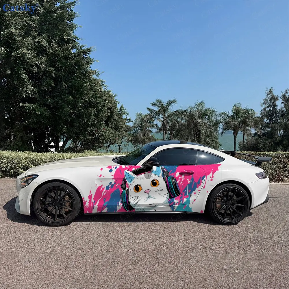 2pcs Cat Wearing Headphones,Durable, Fade-resistant, Enhance Vehicle Aesthetics With Bold Artistic Design Car Vinyl Wraps