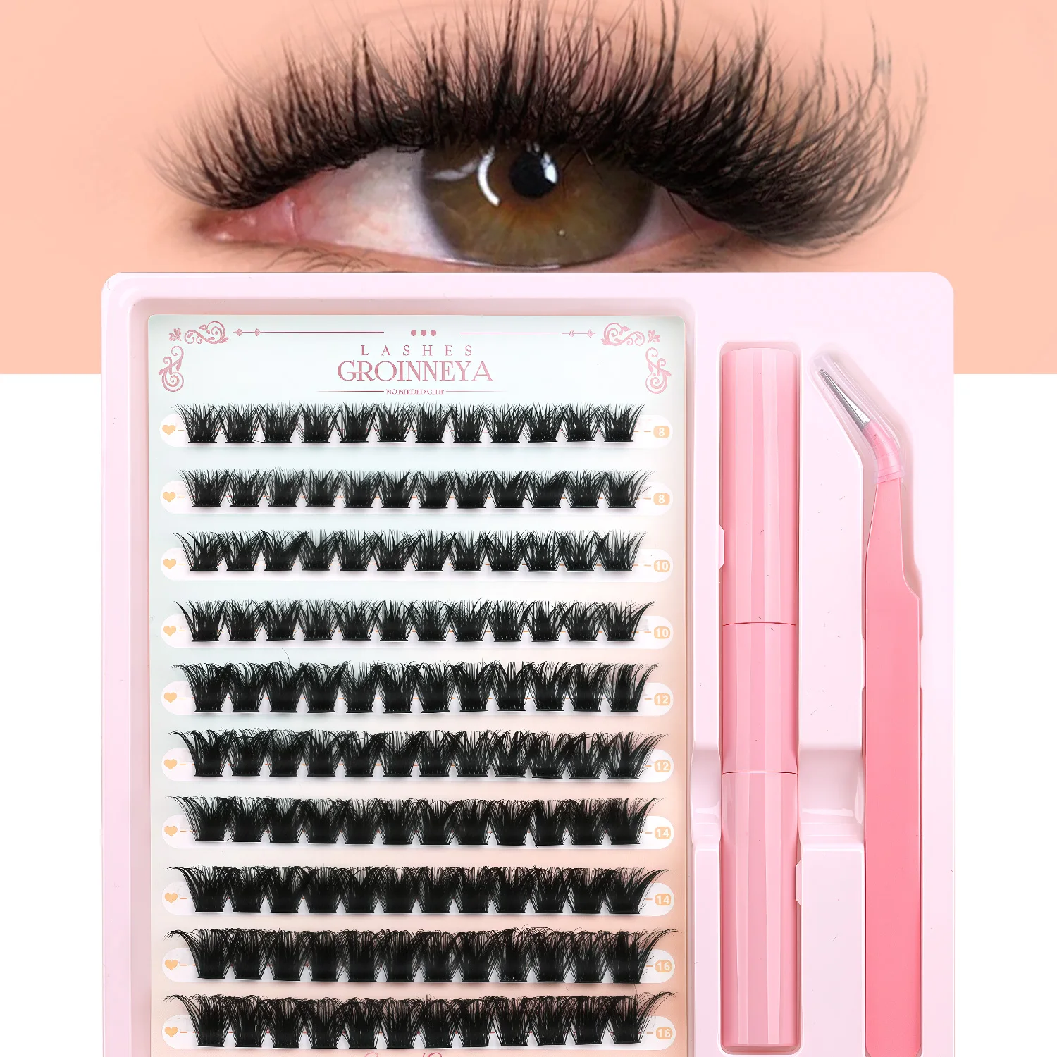GROINNEYA Flauschiges Wimperncluster-Set mit wasserdichtem, starkem Halt, DIY-Wimpernverlängerungsset, Wimpernbindung, Versiegelung und Wimpernpinzette, Make-up – Detail 2