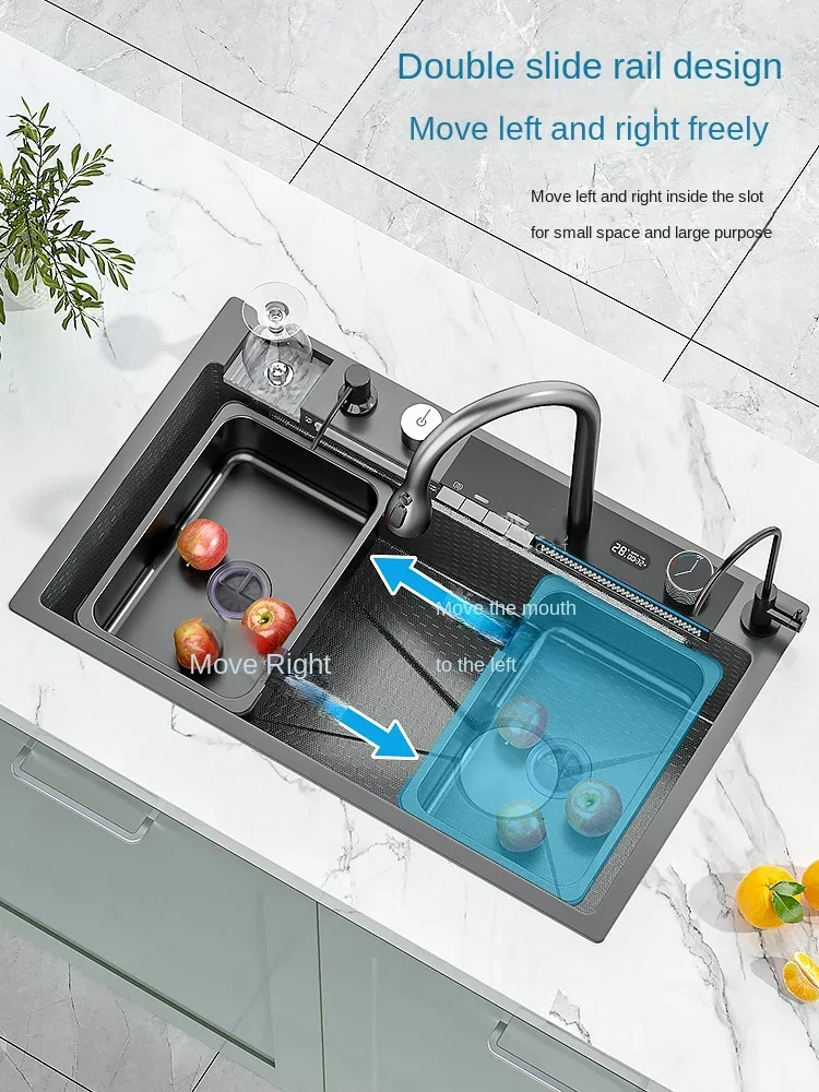 One accepts customiz Stainless Steel Waterfall Kitchen Sink Digital Display Embossed Large Single-Slot Multifunctional Washbasin