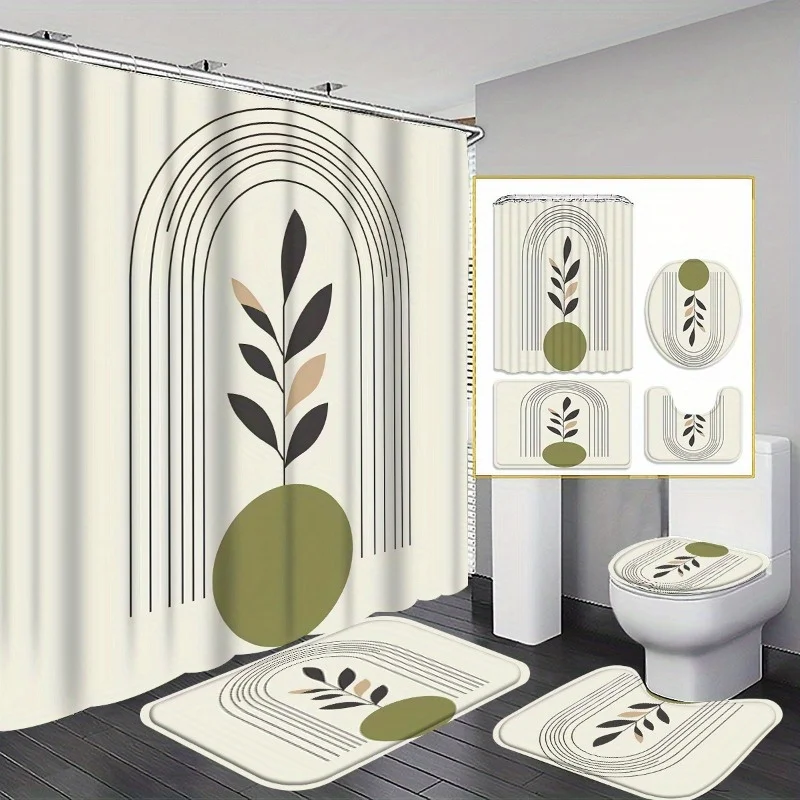 

4pc Black and beige abstract arched pattern bathroom set, shower curtain with hooks, non-slip mat toilet seat cover non-slip mat