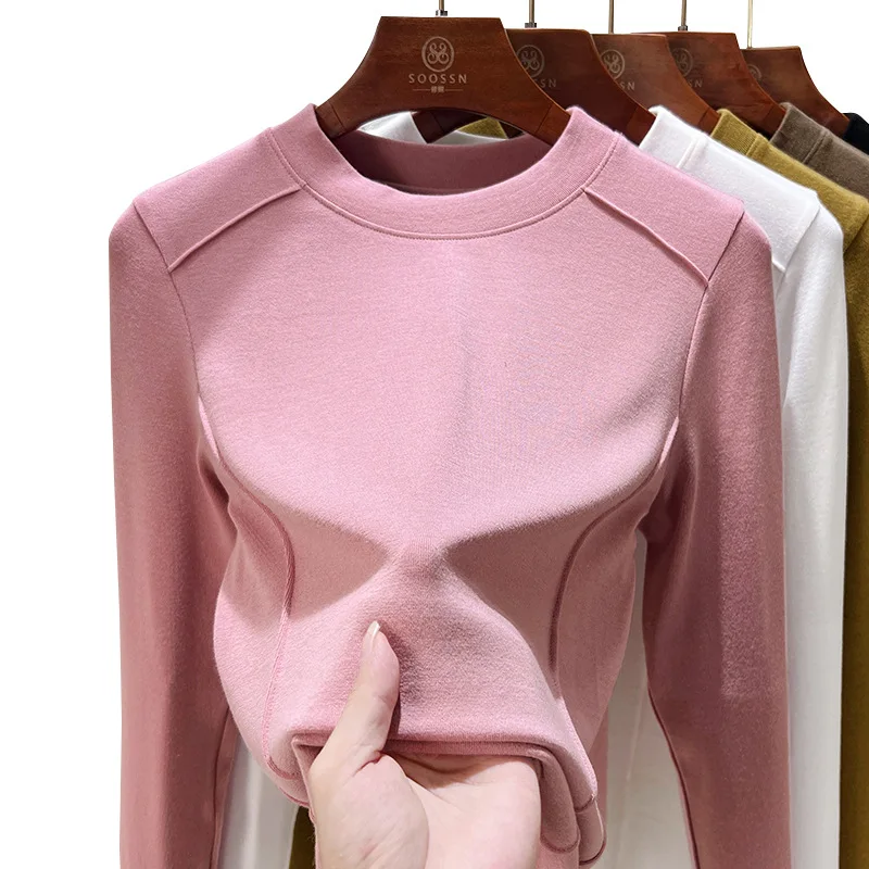 Ropa de manga larga para mujer, Tops de algodón de alta elasticidad, blusas de cuello redondo con Color sólido, otoño