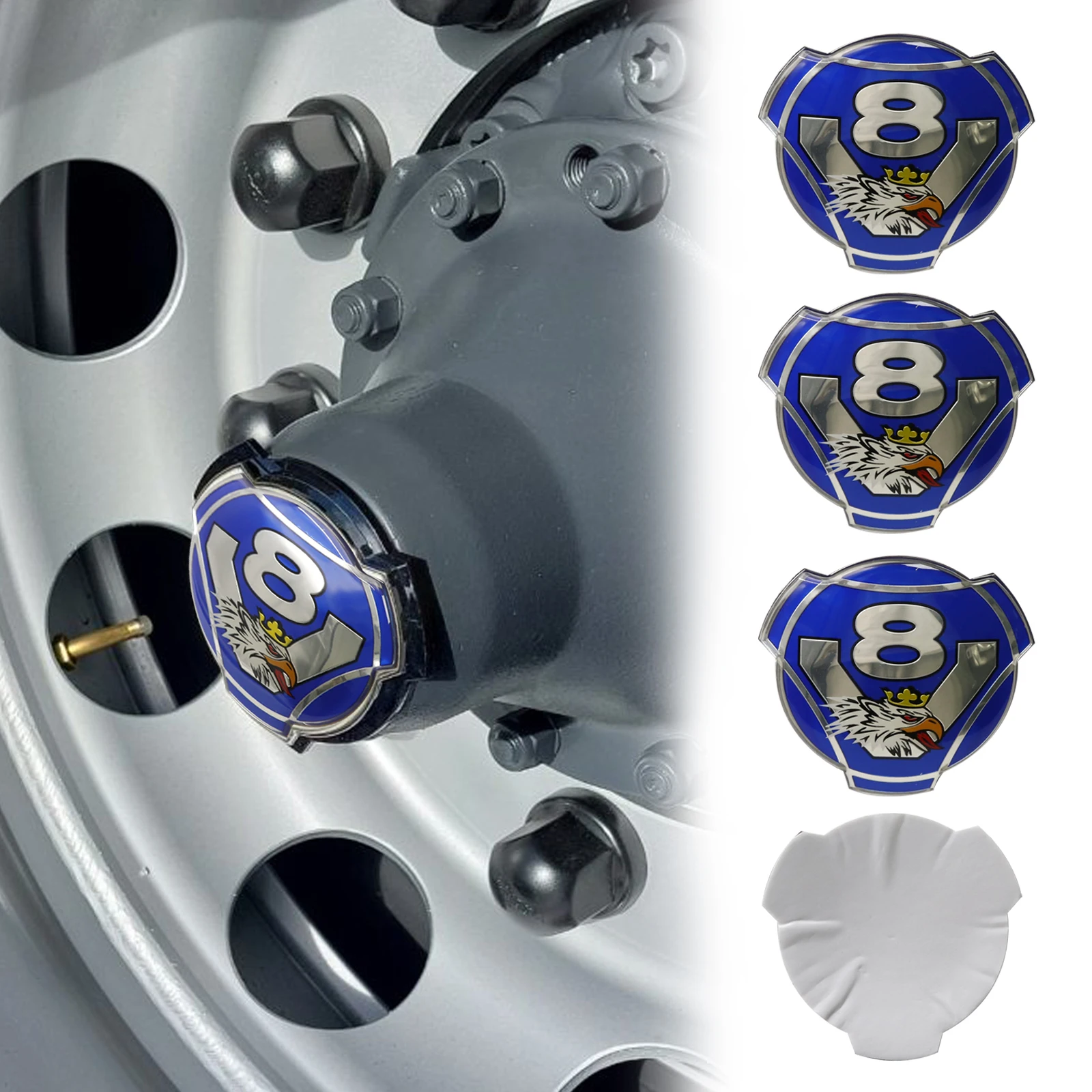 4 pezzi blu argento testa di fermaglio V8 Logo decalcomania in alluminio per Scania Truck Rim Wheel Center Caps Badge Emblem Sticker Cover