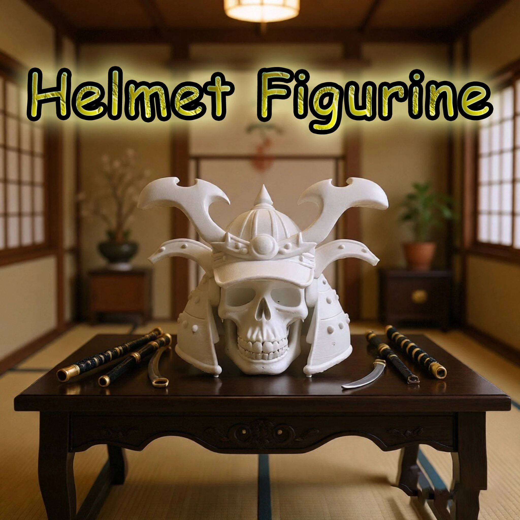 1pc Warring States Revenant Skull Statue, Japanese Military Helmet with Samurai Armor Engravings.