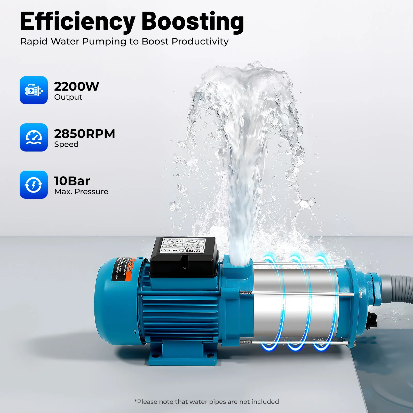2200W Edelstahl-Kreiselpumpe, 100m maximale Förderhöhe, 3300 l/h Durchfluss, selbstansaugend mit 10m Saugleistung, IP44 Überhitzungsschutz für Bewässerung und Wasserversorgung (220V EU) – Detail 3