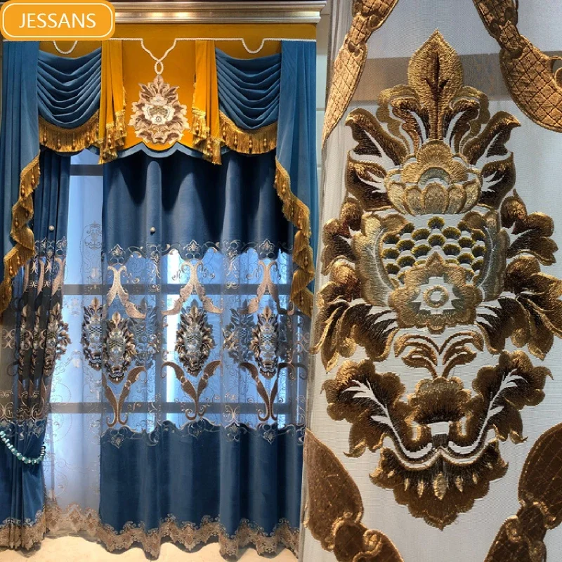 

European Luxury Blue Flannelette Hollowed Out Embroidered Screen Curtains for Living Room Bedroom Balcony French Window