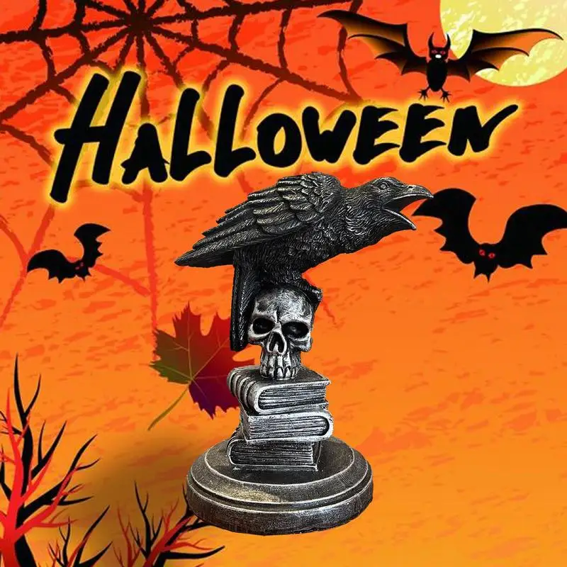 Raven On Skull Statue Halloween Skull Gothic Crow On Skull Statue Bird Perching On Skeleton Figurine Realistic Ornament