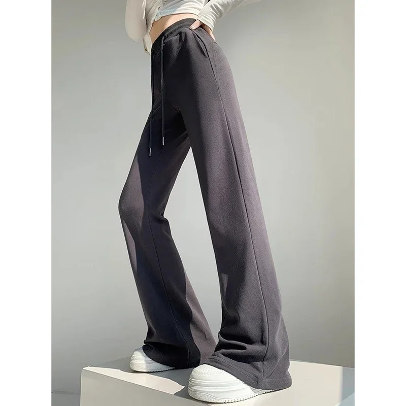 Hot Sale 2025 Women Straight Leg Sweatpants Girls Classic High Waist Slim Fit Trousers Lady Korean Solid Thin Flared Pants