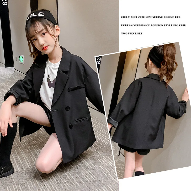 Girls 4-12 years old suit jacket 2024 new spring wear black spring and autumn foreign style children\'s casual small suit top