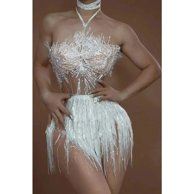 شير اللؤلؤ الترتر مفتوح الظهر فستان قصير براقة مثير الوهم العنق للمطربين وعروض الحفلات ملهى ليلي #3