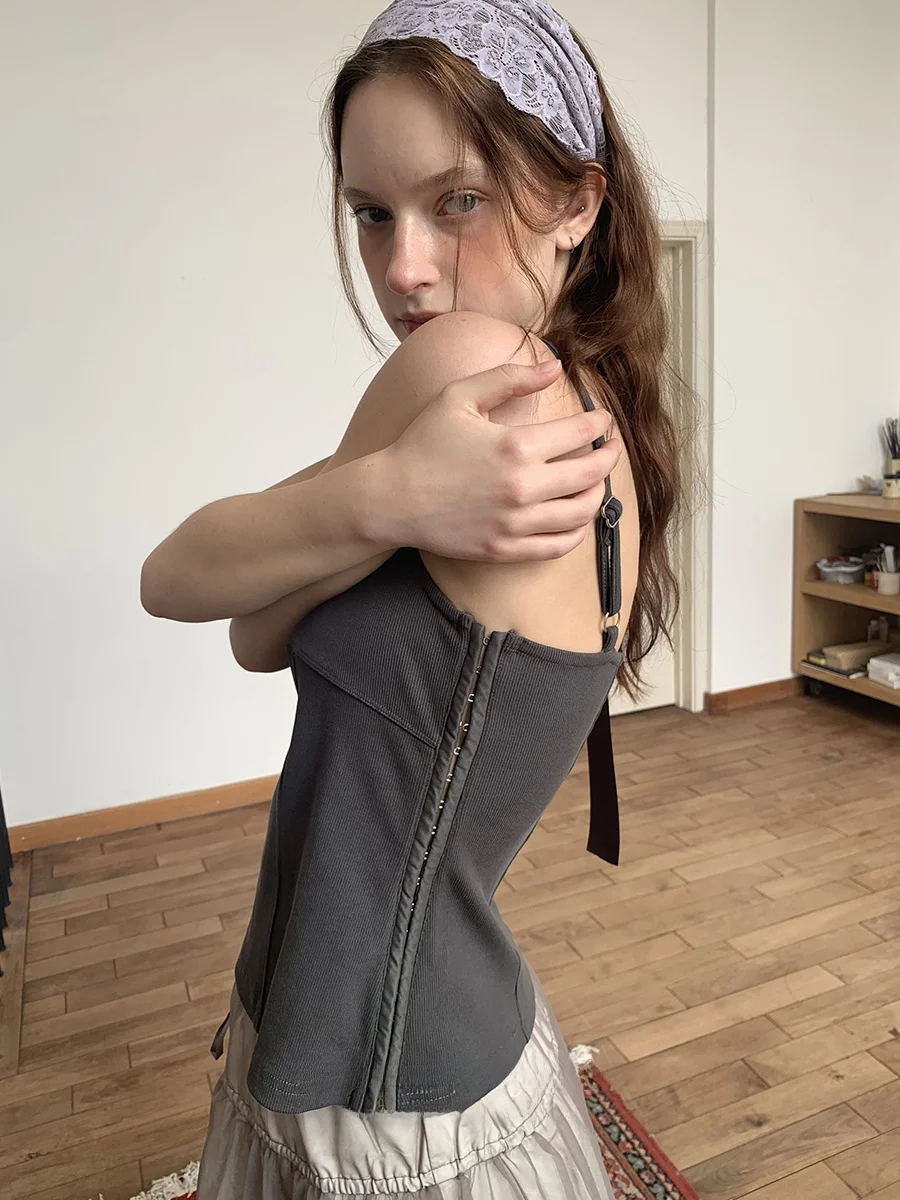 

Slim Fit Women's Side Buttoned Strap Vest Summer New Style Basic Versatile Top High Elasticity Cotton Blend Zipper Closure