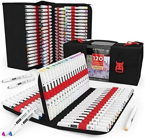 Art Alcohol Markers Set of 120 Colors, EverBlend Dual Tip Markers with 144-Slot Organizer, Fine and Broad Chisel Nib