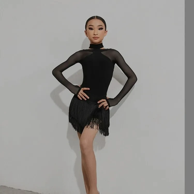 Sangle jupe de danse latine filles vêtements de pratique latine jupes noires irrégulières ChaCha Rumba Costume de danse vêtements de Performance DNV16159