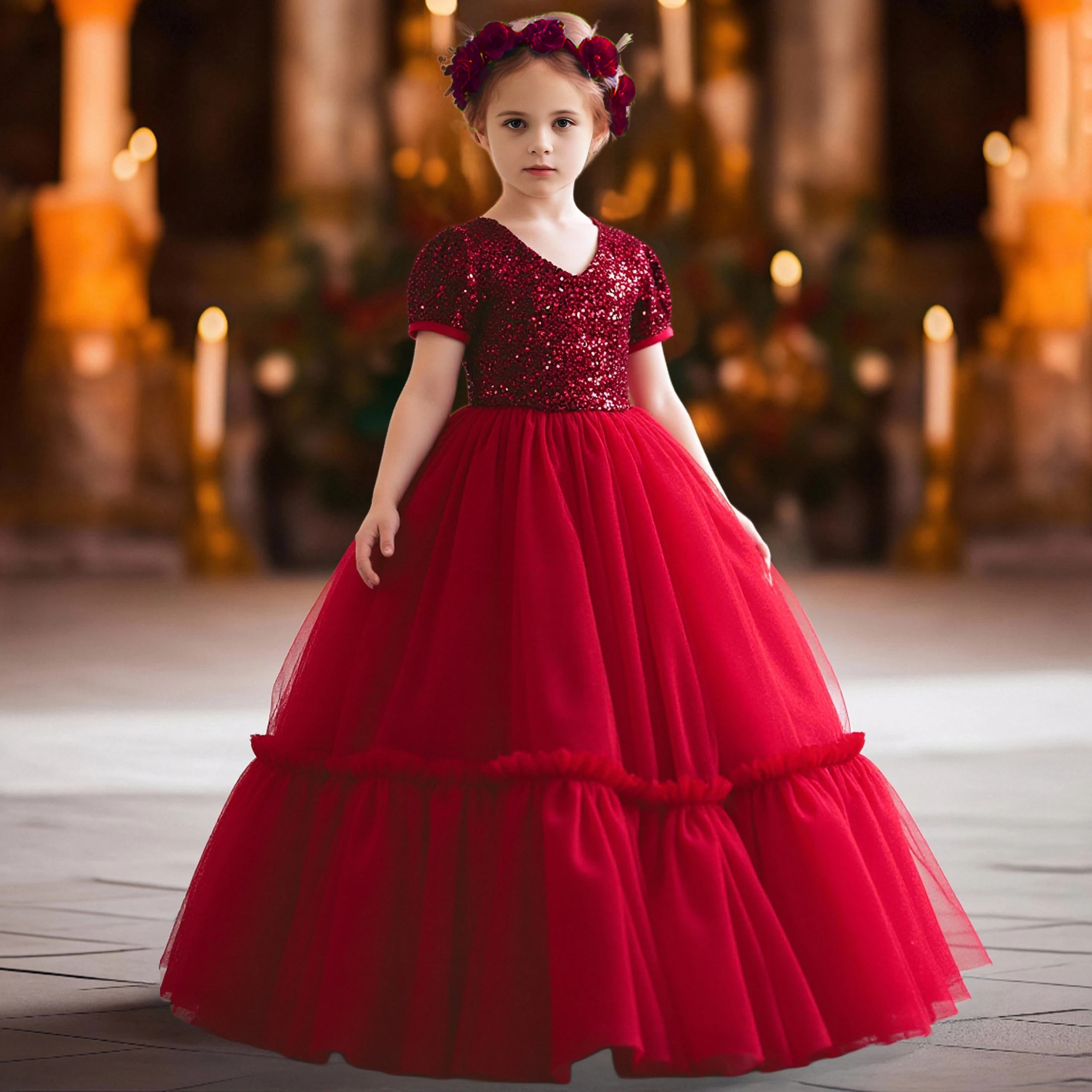 

Sequin Girls Pink Wedding Dress Christmas Costume Fluffy Tulle Baptism Birthday Party Dress Pageant Princess Bridemaid Ball Gown