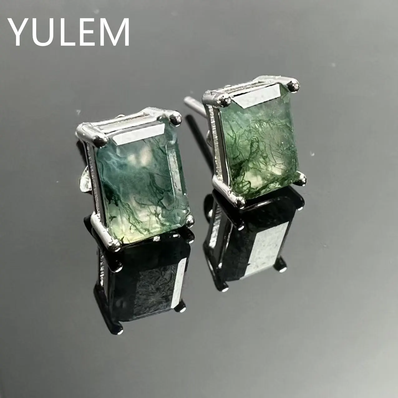 YULEM 5x7mm Rectangle Moss Agate Stud Earrings 925 Sterling Silver Natural Green Gemstone Women Daily Wear Jewelry