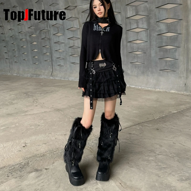 Women Spice Harajuku Punk Black furry gothic Lolita furry Leg Warmer tie bow cross Foot Cover Y2K Girls keep warm Leg warmers