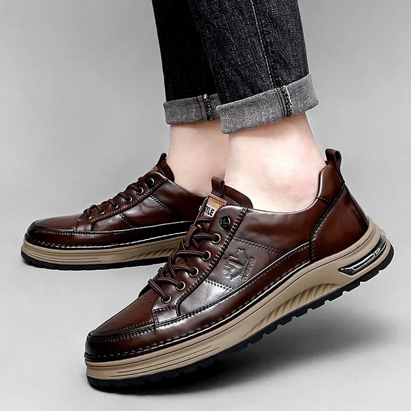 

Luxury Genuine Leather Mens Casual Business Shoes High Quality Fashion Lace-up Office Dress Shoes Outdoor Running Men Sneakers