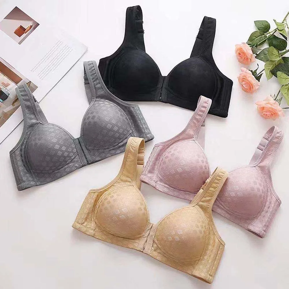 Adjustable Middle Aged Elderly Bra Close-fitting Gathered Breasts Front Buckle Bra Big Cup Solid Color Large Size Bra Lady Girls