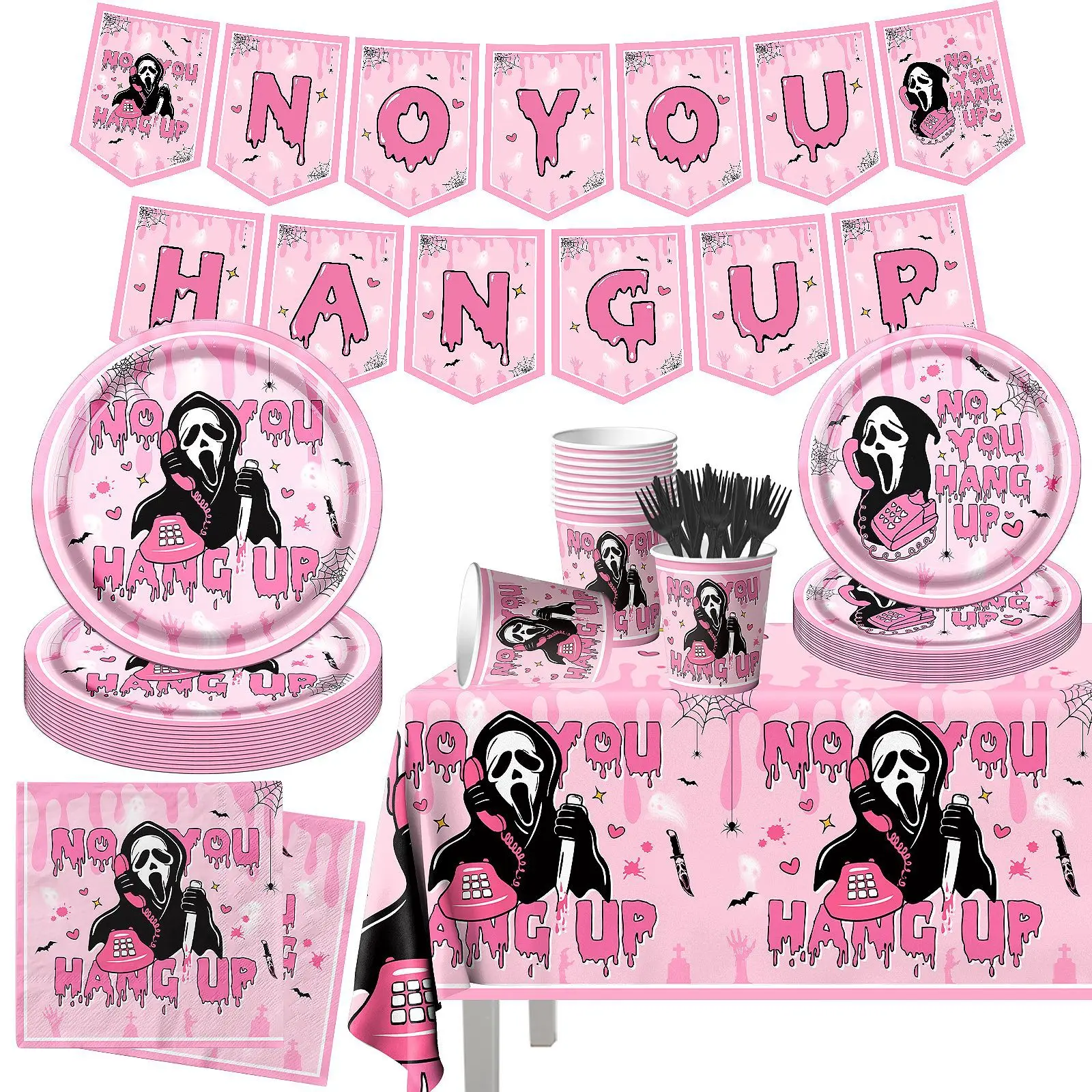 Pink Horror Night Halloween Party Party Disposable Tableware Set Witch Paper Plates Cups Napkins Kids Favor Happy Party Decor