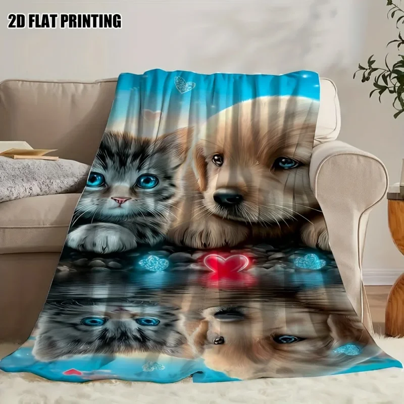 Cute Kitten Puppy Flannel Blanket Soft Dog Cat Heart Reflection Fleece Blanket Cozy Warm Throw Blankets For Sofa Bed Kids Gift