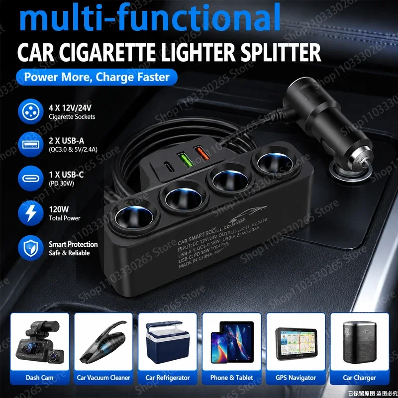 120W Car Cigarette Lighter Adapter, PD 30W QC 18W Fast Charger Splitter for Phones, Dash Cams & Accessories
