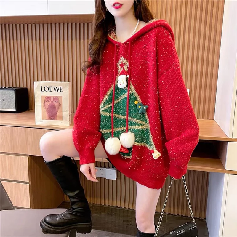 Christmas Sequined Hooded Sweater For Women New Year Drawstring Red Knitted Pullover Tops American Casual Retro Knitting Top