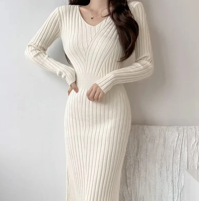 

Женское трикотажное платье в стиле ретро с v-образным вырезом, утягивающее платье с длинными рукавами и застежкой на талии, до колена, осень-зима, новинка