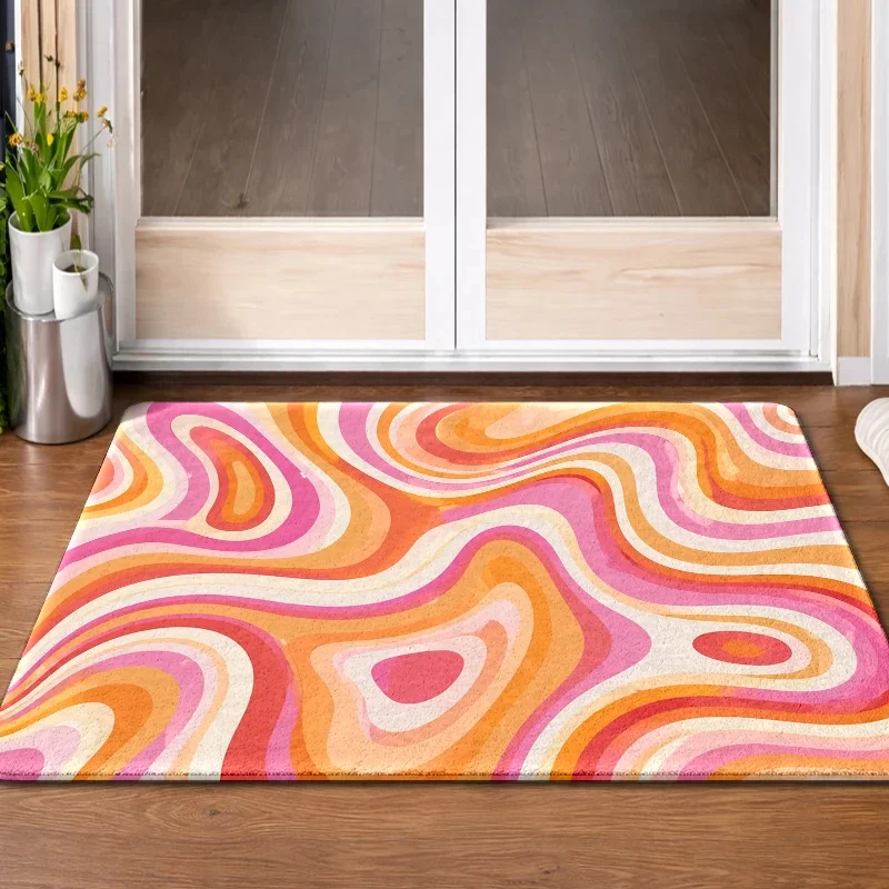 Abstract fluid wavy line floor mat, colorful curve pattern rug for modern home hallway entrance Bright pop art swirl doormat