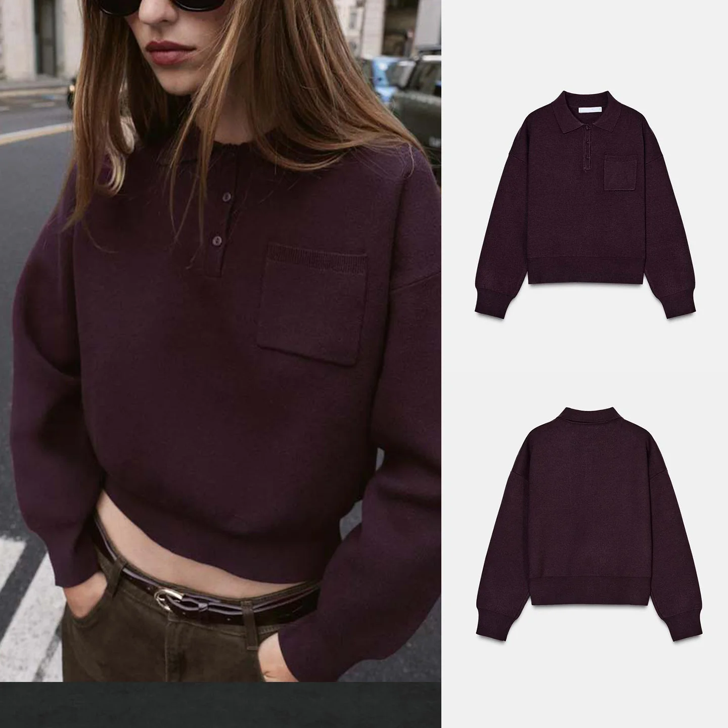 秋の新作 レディース カジュアル ゆったり ポケット付き ポロニット セーター 半袖 レギュラー丈 ポリエステル繊維00%