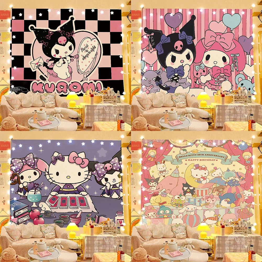

Kuromi and Hello Kitty Tapestry, Adorable and Colorful Room Decoration.,Living room and bedroom background cloth, no lights