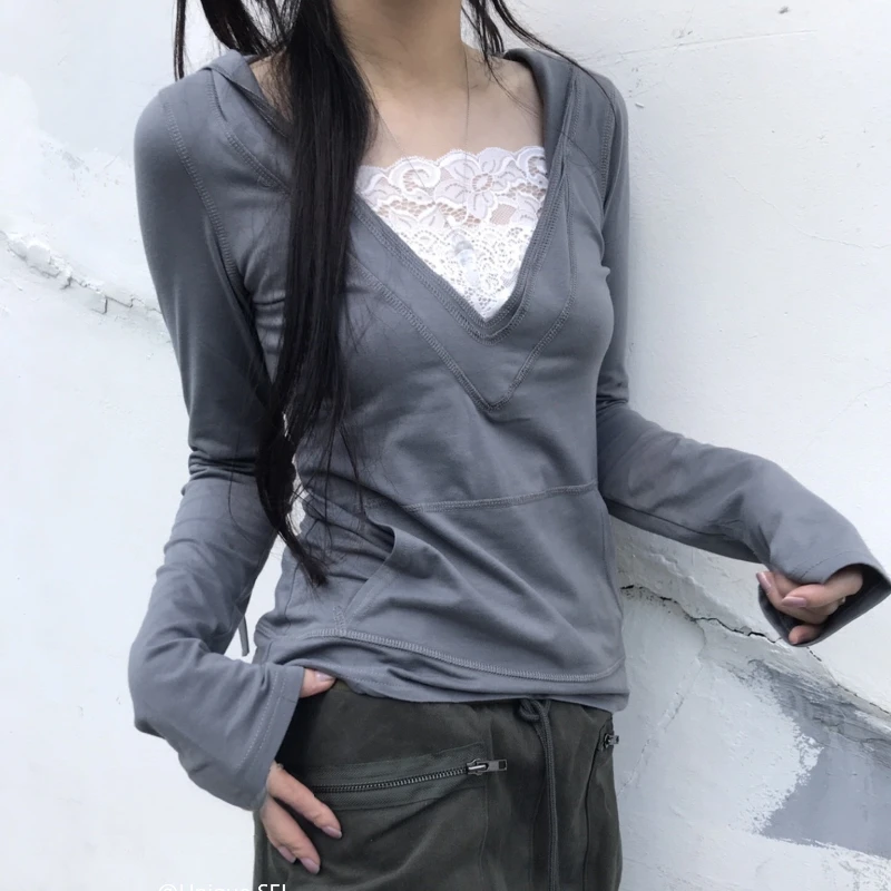 

Женская футболка с длинными рукавами и контрастным цветом в стиле пэчворк, осень 2022, новые корейские модные универсальные топы с капюшоном